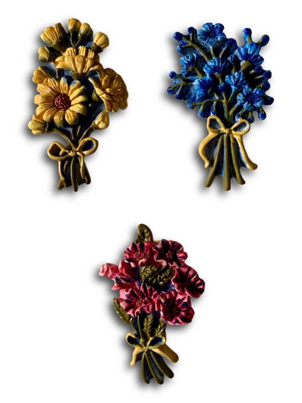 QUACKER FACTORY 3 Pc Flower Bouquets w. Bows Garden Vintage 90s Button Covers